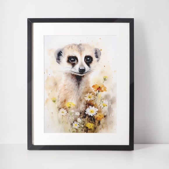 Watercolor Meerkat With Flowers Portrait Wall Art Illustration Print Unframed - Picture 3 of 5